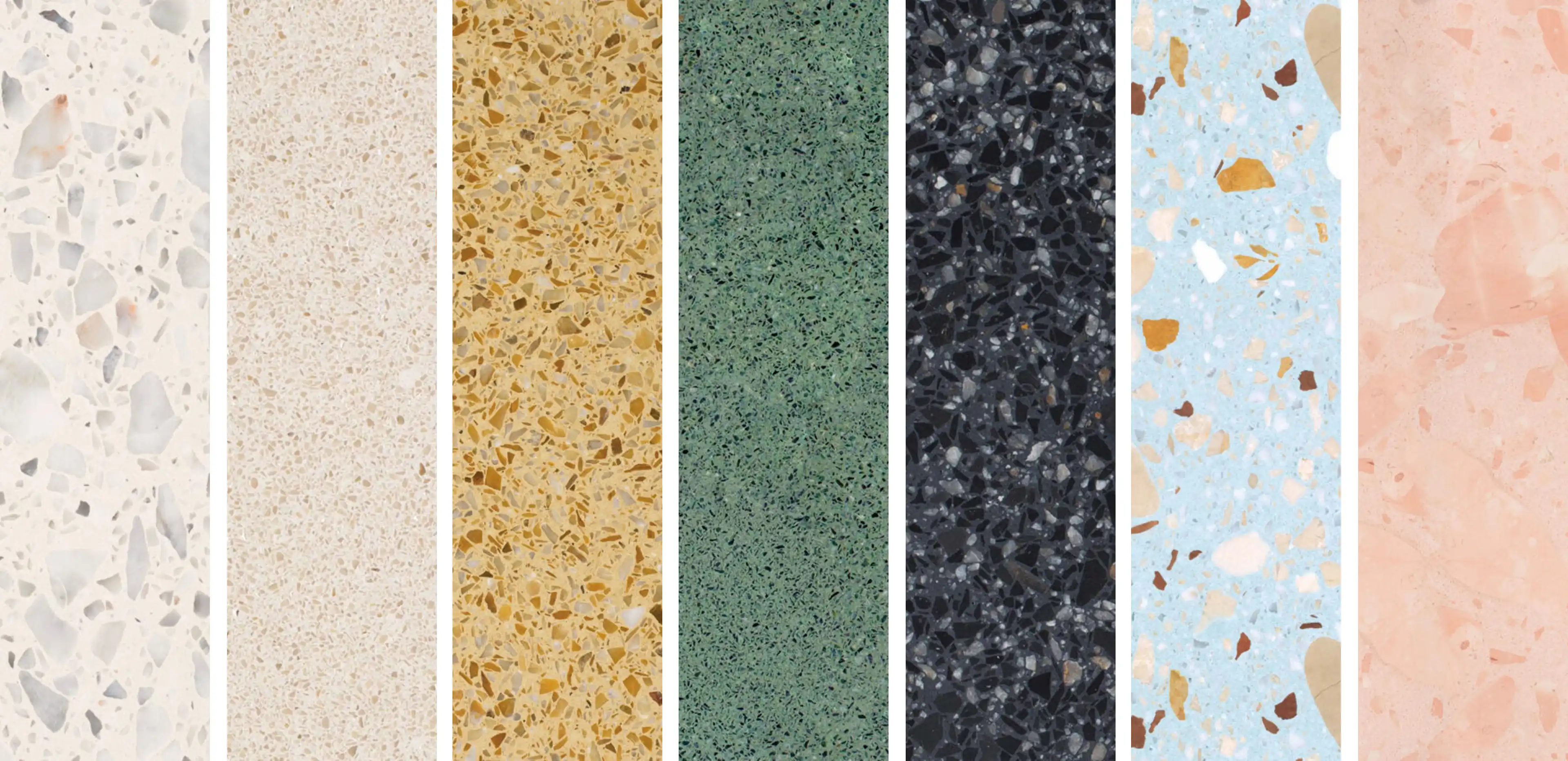 Gamma colori AGGLOTECH Terrazzo alla Veneziana: campioni in tono bianco, beige, giallo ocra, verde scuro, antracite, azzurro e rosa cipria - soluzioni personalizzabili per progetti luxury residenziali e commerciali, Trapattoni Marmi