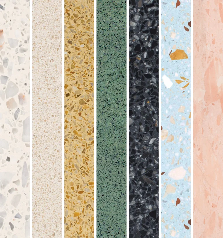 Gamma di colori Terrazzo alla Veneziana AGGLOTECH: bianco, beige, giallo, verde, antracite, azzurro e rosa - ampia scelta di finiture per progetti luxury