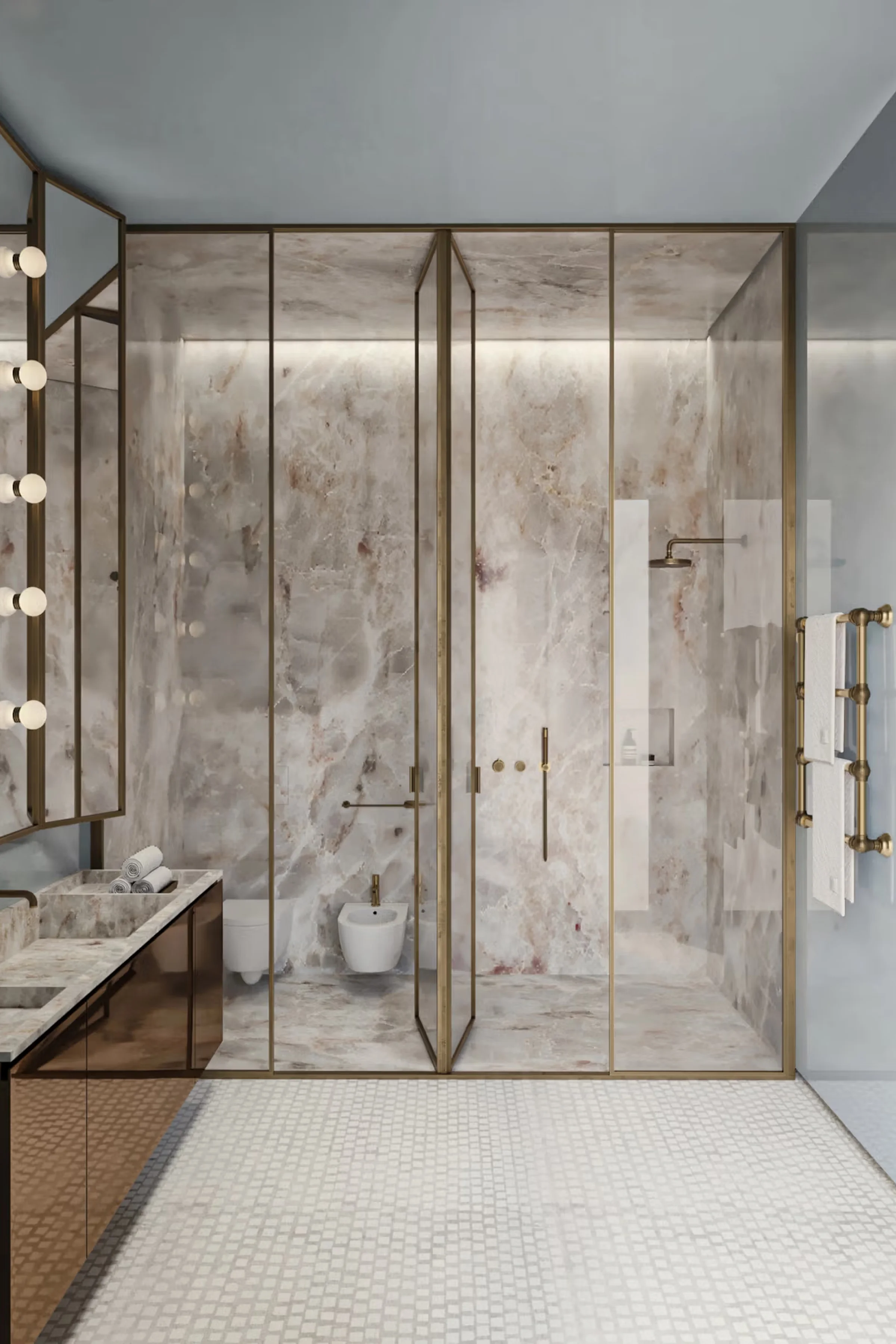 Render del secondo bagno padronale con cabina doccia e rivestimenti in Breccia rosata, profili porta in ottone, lavabo in Taj Mahal e pavimento in mosaico bianco - LC Atelier x Trapattoni Marmi, centro storico di Milano