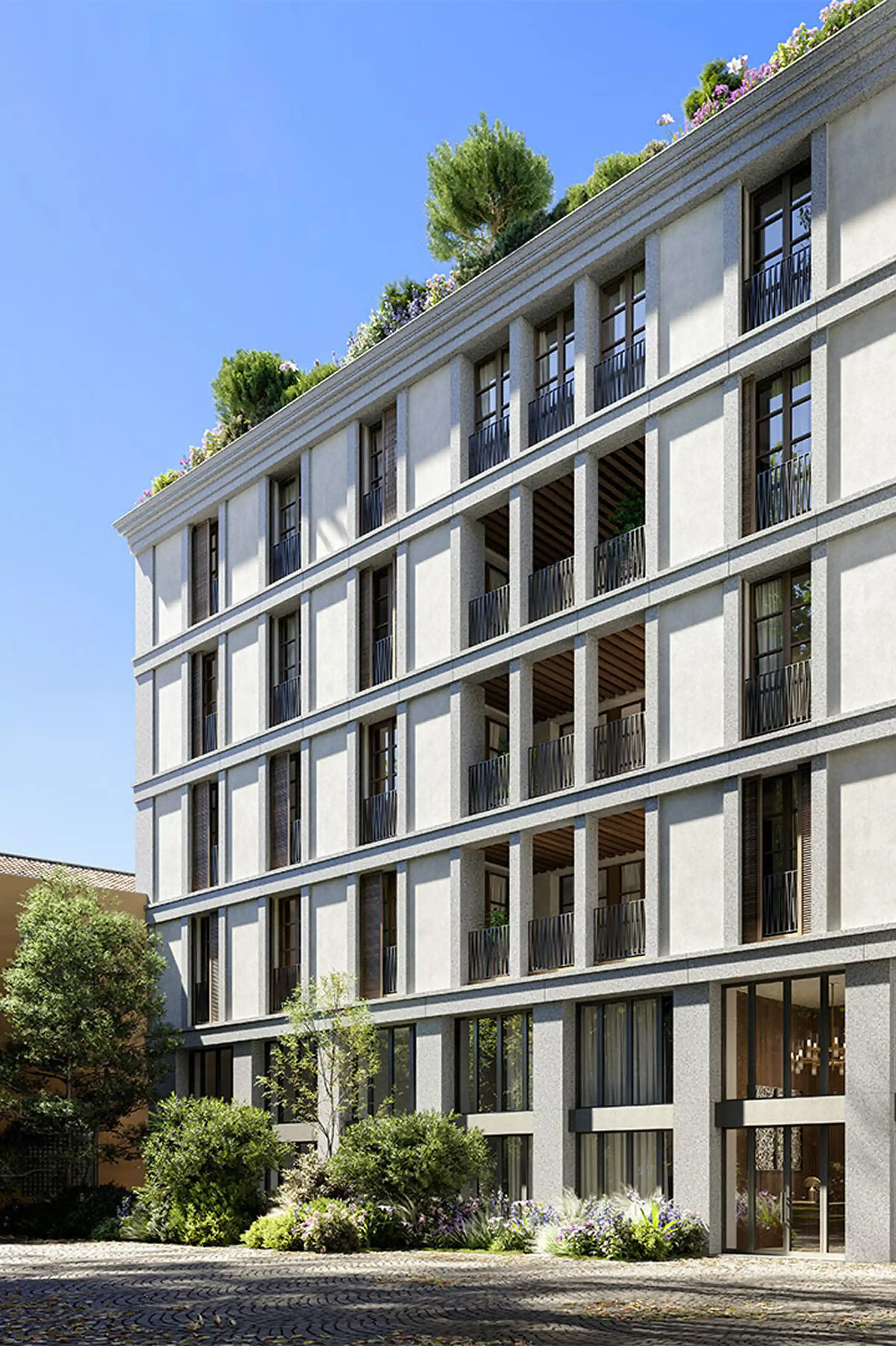 Render del prospetto del palazzo di Via Sassi a Milano in Granito Bianco di Montorfano granigliato, con balconi in ferro battuto, infissi in legno e roof garden fiorito - fornitura e posa in opera Trapattoni Marmi, centro storico di Milano