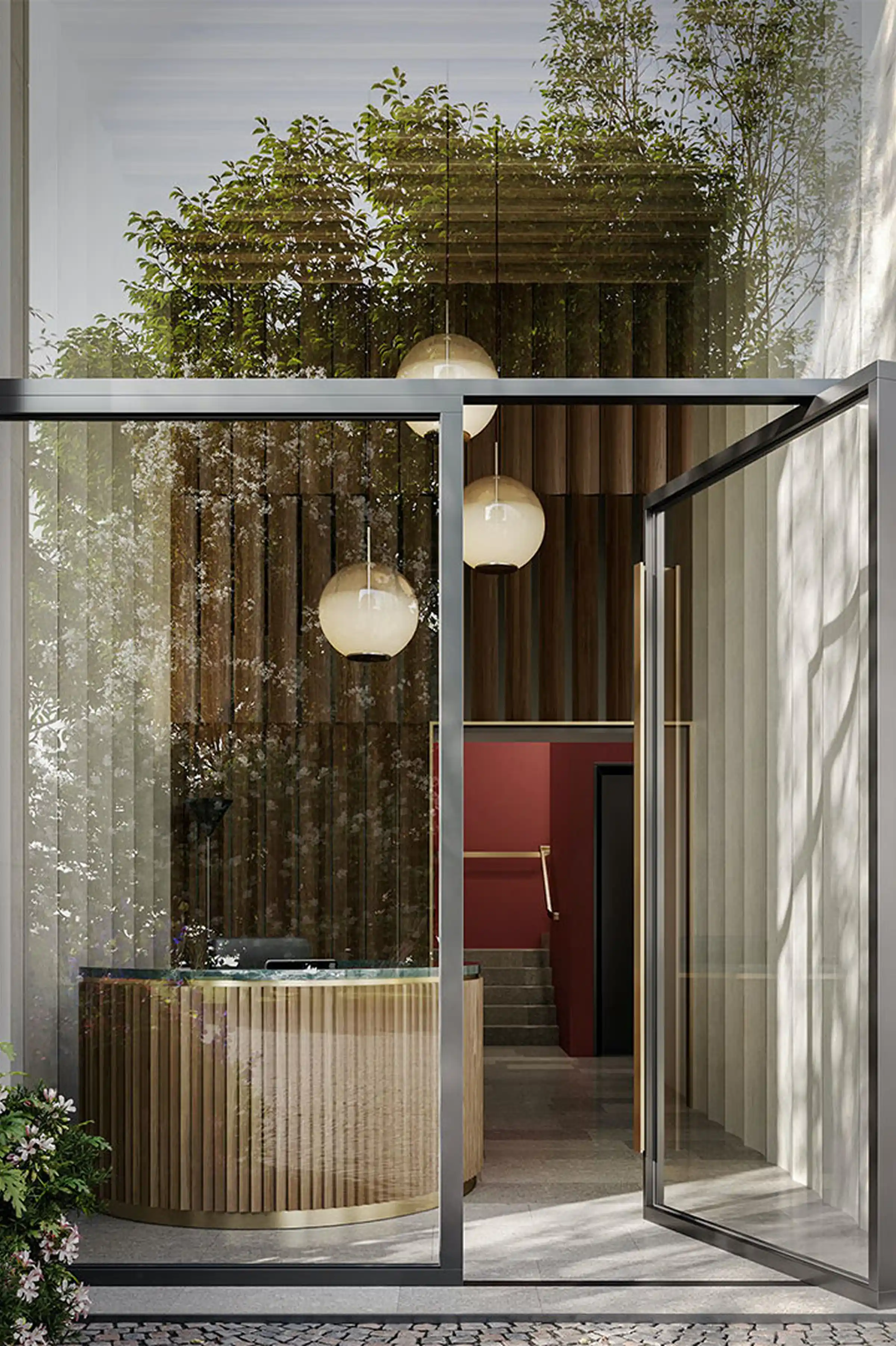 Render dell'ingresso del palazzo di Via Sassi a Milano: hall con reception in legno scanalato e piano in marmo, lampade a sfera sospese, pareti in legno a doghe e pavimento in pietra - progetto Arassociati, spazi comuni Trapattoni Marmi