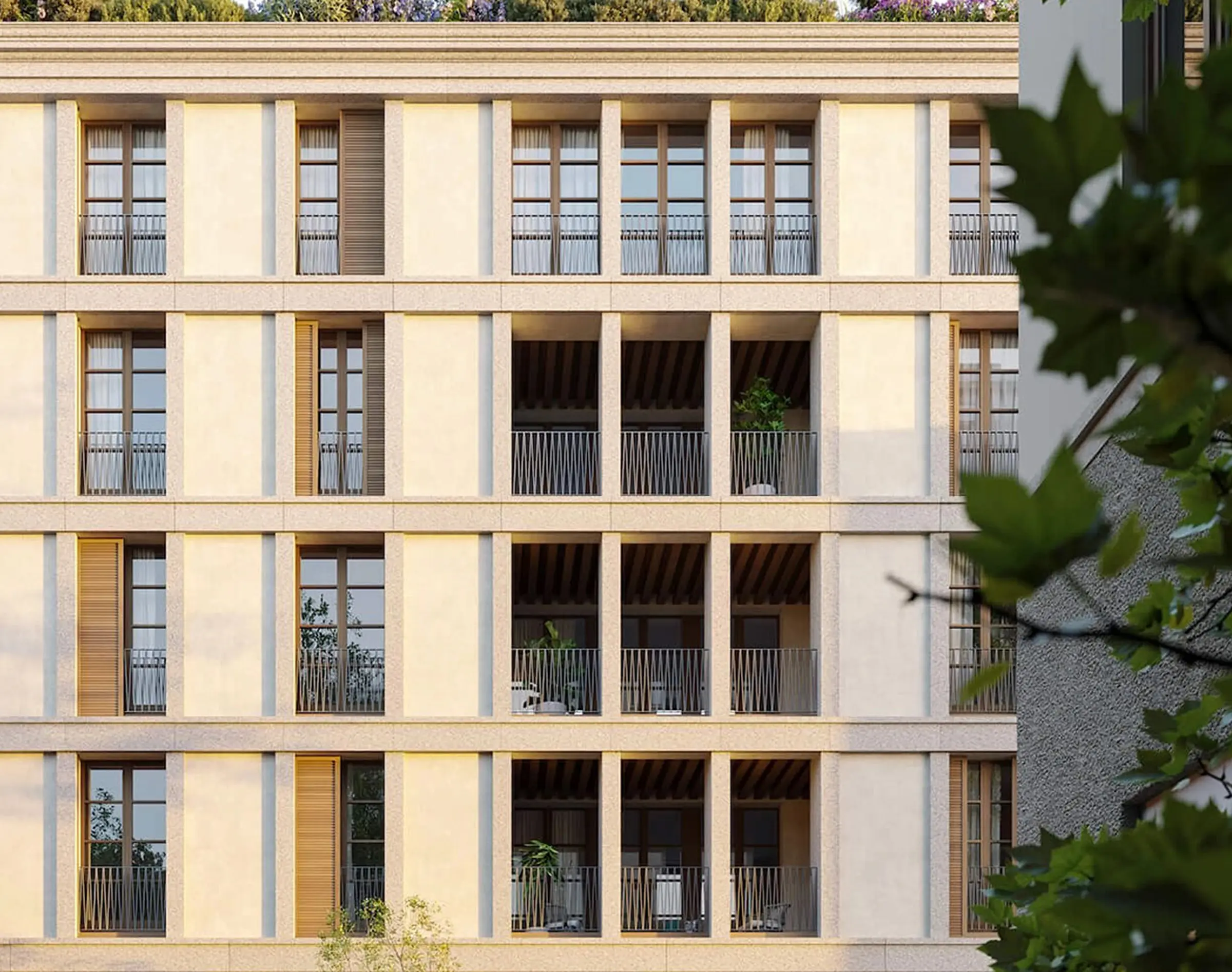 Render del prospetto del palazzo di Via Sassi a Milano al tramonto: facciata in Granito Bianco di Montorfano levigato con lesene verticali, balconi in ferro, logge con travetti in legno e roof garden - Trapattoni Marmi, progetto Arassociati