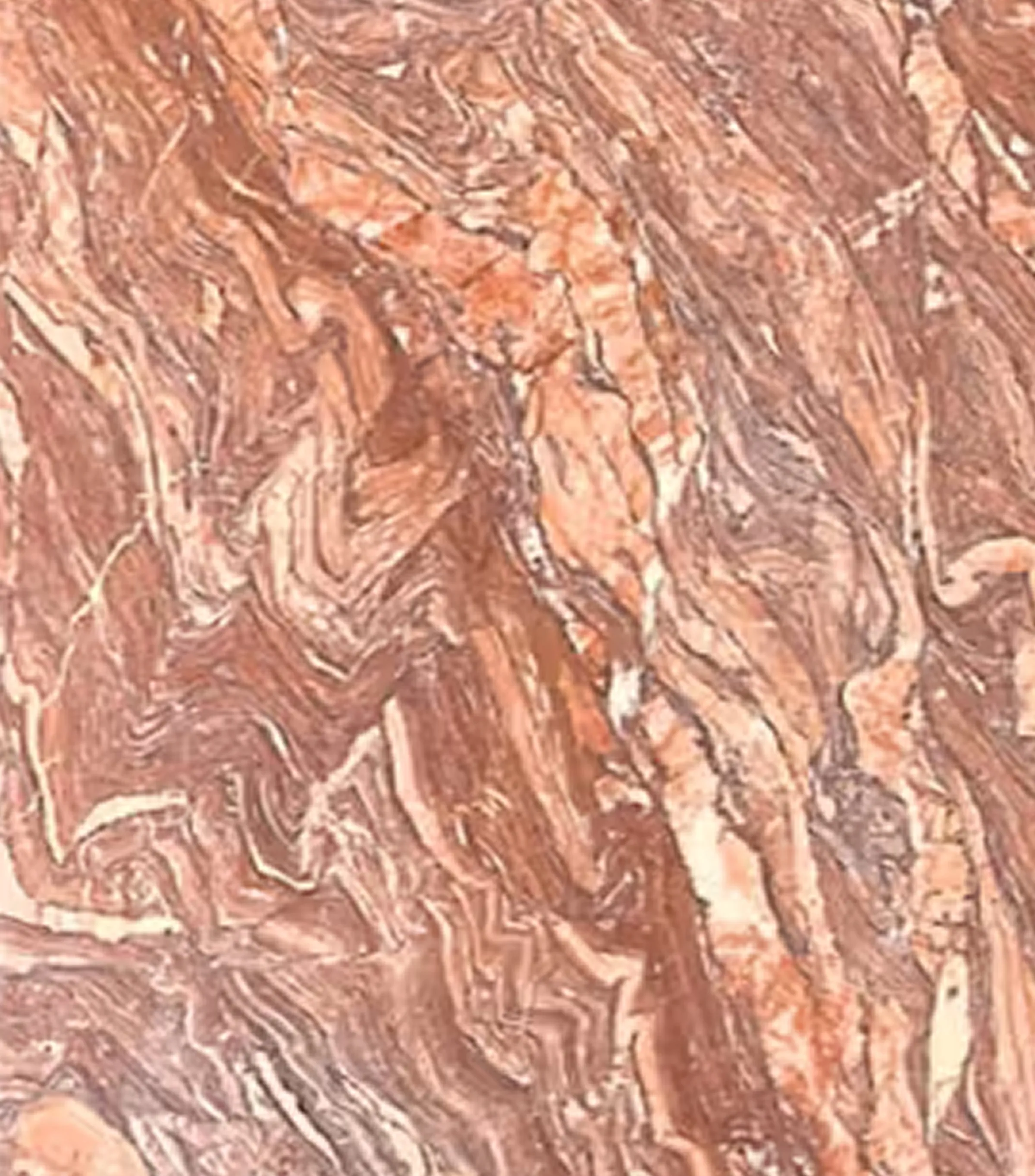 Campione di Cipollino rosso-viola - marmo con venature sinuose in toni rosso mattone, arancio e bianco su fondo bordeaux, pietra naturale di pregio lavorata artigianalmente da Trapattoni Marmi Bergamo per il progetto LC Navigli alla Conca del Naviglio, Milano