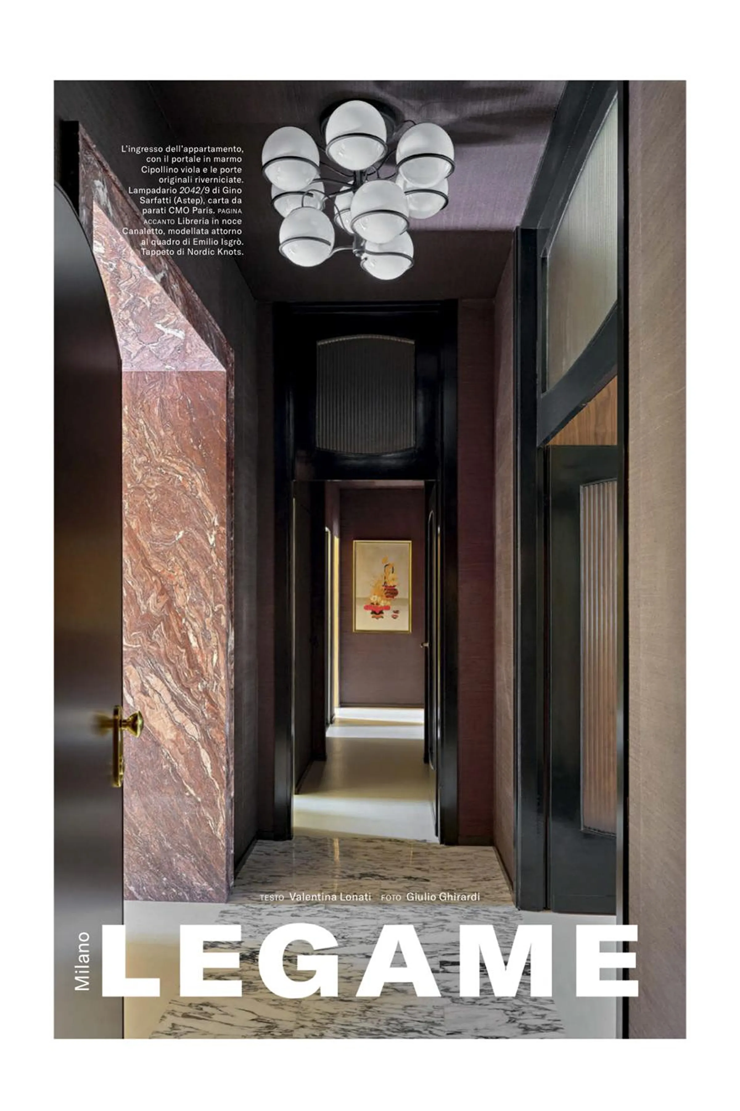 Copertina del reportage Architectural Digest dedicato al progetto LC Navigli: portale d'ingresso in Cipollino rosso-viola, pavimento in marmo bianco venato e lampadario Gino Sarfatti - dimora milanese ai Navigli, LC Atelier di Lucrezia Calvi x Trapattoni Marmi