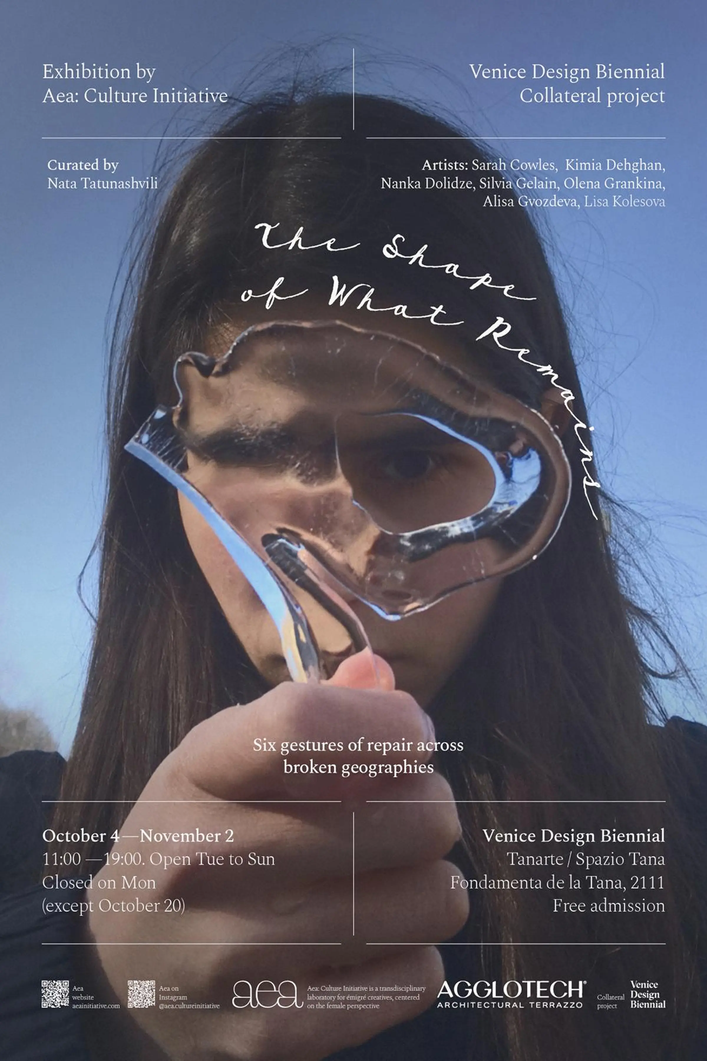 Locandina ufficiale della mostra The Shape of What Remains di Aea Cultural Initiative - progetto collaterale della Biennale del Design di Venezia 2025 con il supporto di Agglotech e Trapattoni Marmi